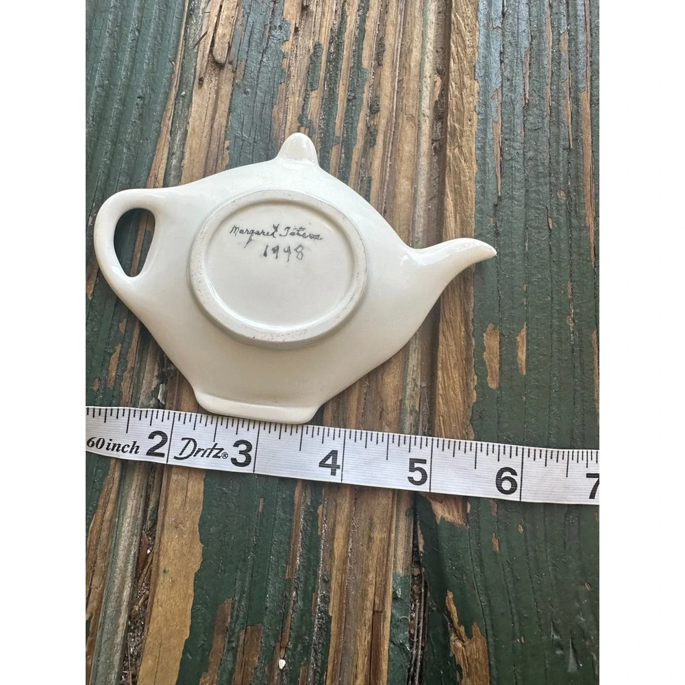 Vintage 1948 Signed Margaret Tatom Hand Painted Ceramic Teapot Tea Bag Rest Dish
